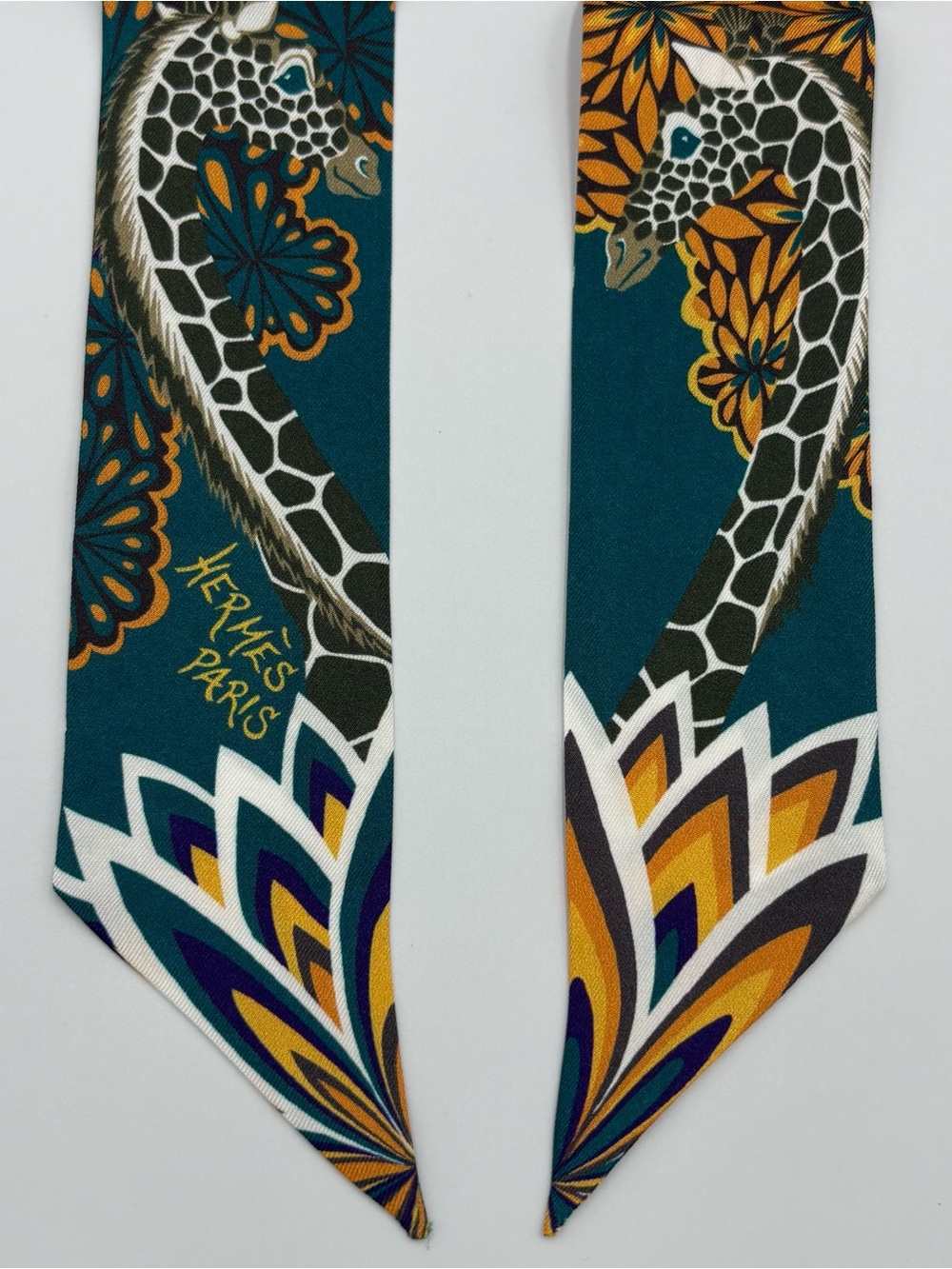 Hermes The Three Graces Twilly Silk Scarf Blue Teal Gold Giraffe Floral Ribbon - Picture 3 of 5